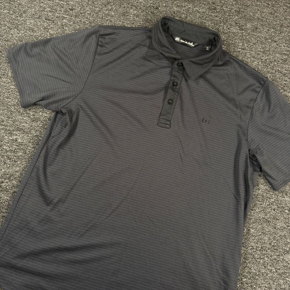 TravisMathew Polo Shirt Mens Medium Gray Striped Pima Cotton Blend Short Sleeve